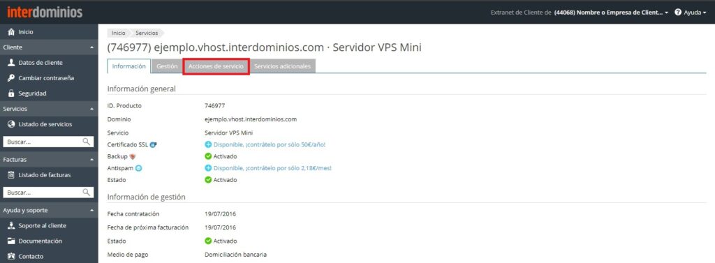 Accedemos a Acciones de Serrvicio