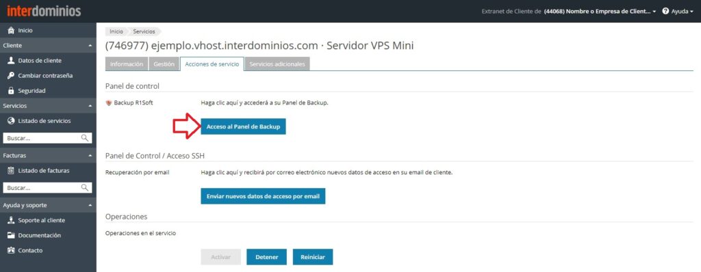 Acceder al panel del backup
